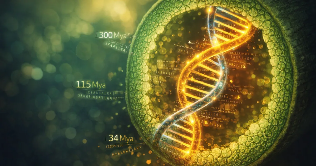 A scientific illustration of a luminous DNA double helix embedded within a plant stem cross-section, surrounded by botanical tissue and floating genetic timeline markers representing plant evolution over hundreds of millions of years.