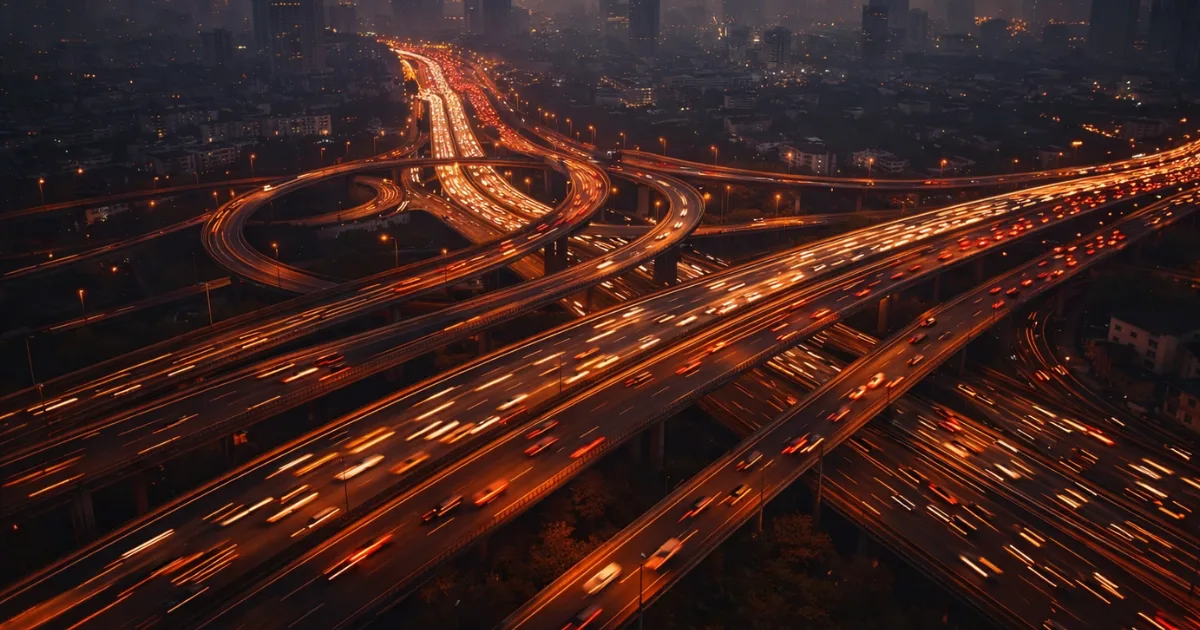 Bumper-to-bumper traffic snakes through a city interchange at dusk — each idling engine adding its increment to the atmosphere's growing greenhouse gas burden.