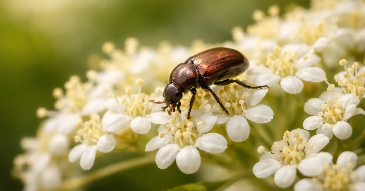 A Heterhelus beetle forages on Sambucus sieboldiana flowers in Japan — pollinating the plant while laying eggs that will consume its seeds.