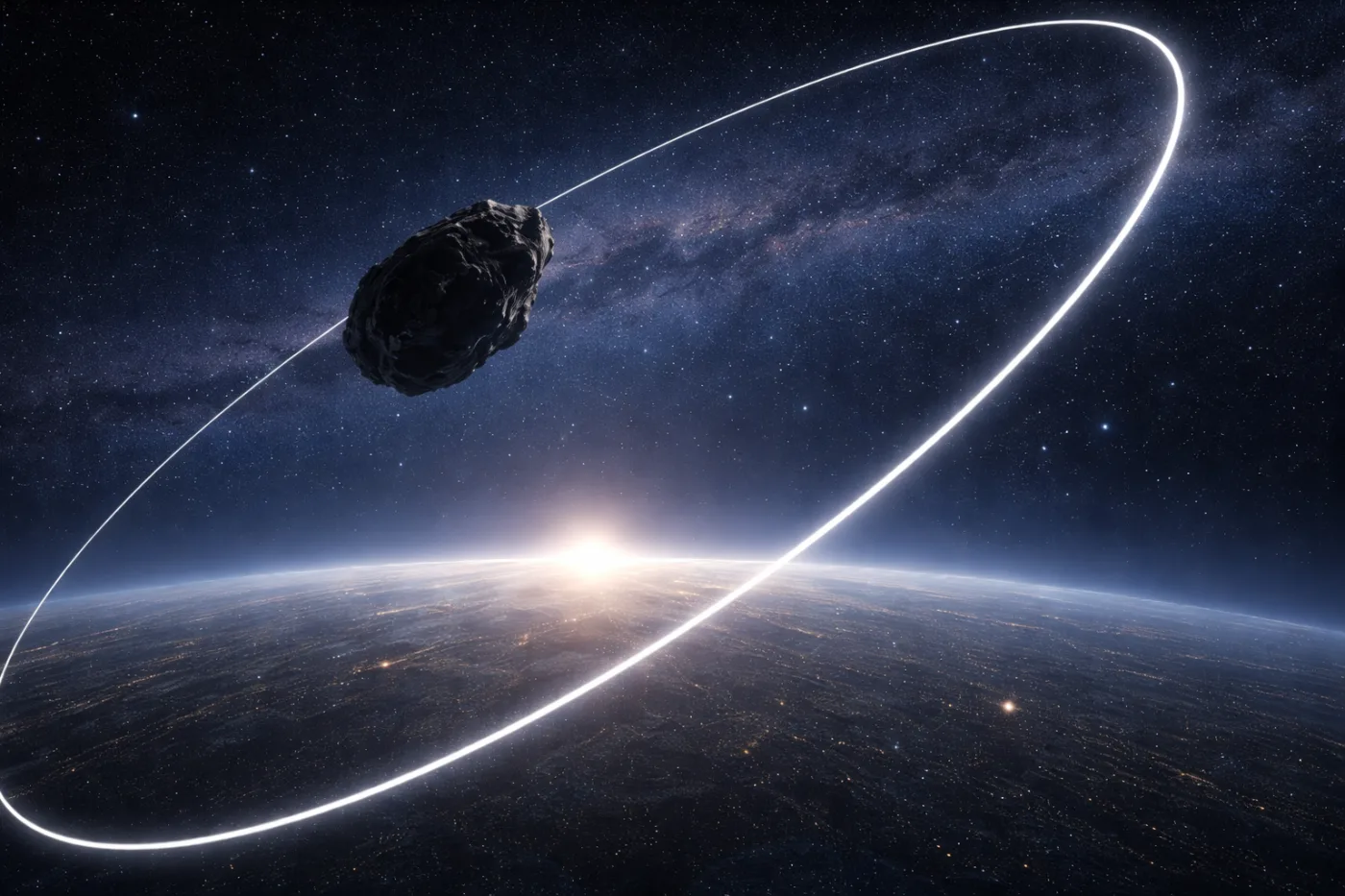 A lone rocky asteroid moves along a steep, high-inclination orbit far above the solar system’s planetary plane. The glowing trajectory shows its extreme elliptical path while the faint disc below marks the ecliptic plane where the planets orbit the Sun.