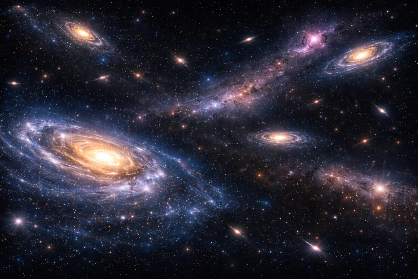A breathtaking deep-space panorama featuring dozens of galaxies of different shapes—spiral, elliptical, and irregular—scattered across a vast black cosmos filled with faint star clusters and glowing nebulae. In the foreground, a majestic barred spiral galaxy shines with a radiant golden core and luminous blue arms, while distant, faint galaxy smudges in the background represent ancient light from