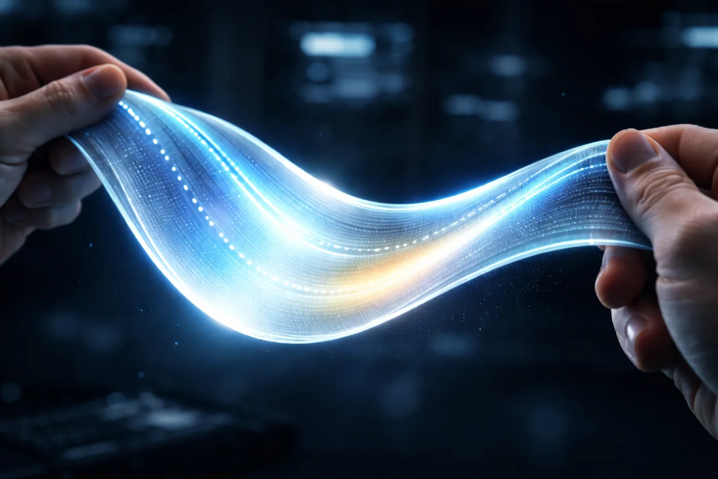 A photorealistic close-up of a flexible OLED display panel being stretched between two hands inside a dark laboratory environment. The surface emits a perfectly uniform electric blue and white glow even while bending, while a faint microscopic silver nanowire mesh is visible beneath the luminous layer, illustrating next-generation stretchable display technology. 💡📱