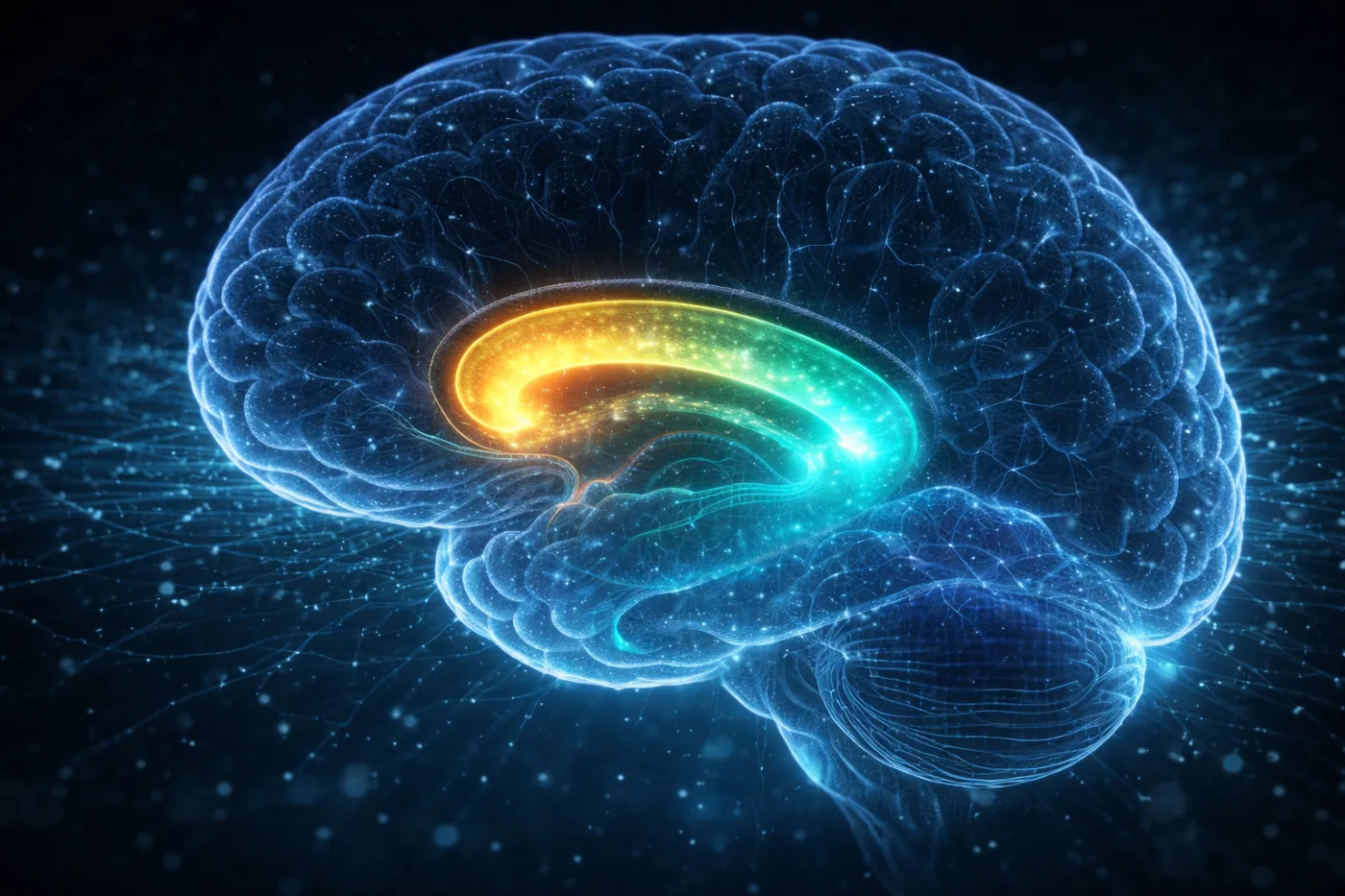 A hyper-realistic 3D medical illustration of the human brain emerging from deep space-like darkness, with the hippocampus illuminated in radiant gold and teal light. The glowing gradient flowing through the structure visualizes the novelty–familiarity spectrum of memory processing, while faint translucent city-like pathways radiate outward around the brain, symbolizing neural navigation and the br