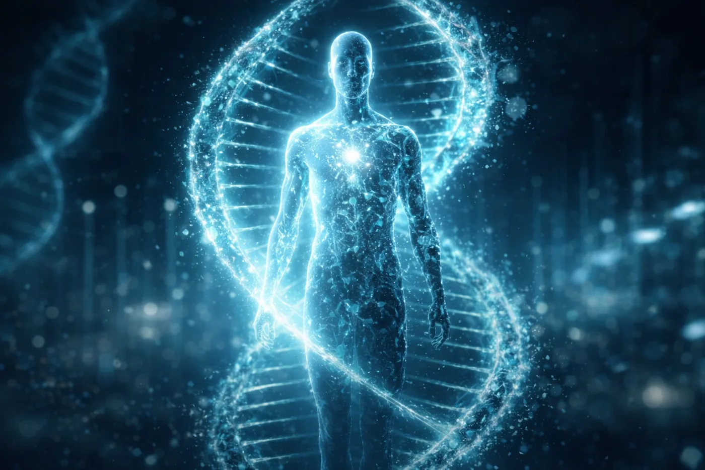A cinematic scientific visualization showing a translucent human figure standing inside a luminous double-helix DNA strand, illuminated by deep teal and electric blue light. The body appears both youthful and ancient, partially composed of intricate cellular structures, while a dark laboratory backdrop with soft bokeh particles and faint digital data streams evokes the mystery and power of human g