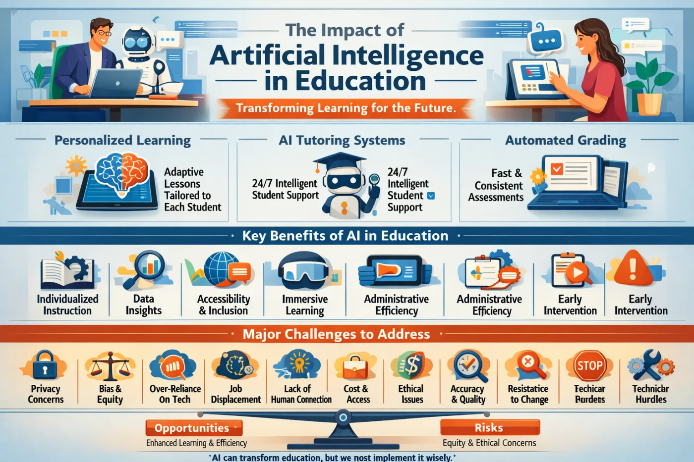 AI is reshaping the classroom from the ground up — personalizing instruction, automating assessment, and expanding access to quality education globally. But realizing that promise requires navigating real risks around bias, privacy, and equity. (Source: Bit, Biswas & Nag, IJSRST, 2024)