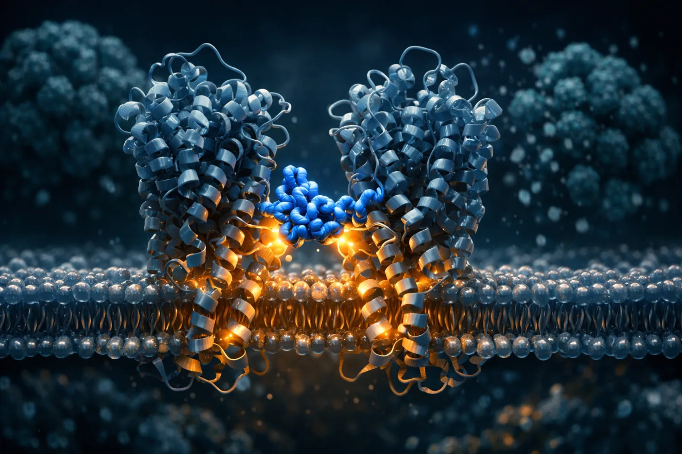 This scientific visualization illustrates receptor dimerization in a cell membrane and how a therapeutic peptide can disrupt the interaction between two identical receptor proteins. By separating the receptor pair, researchers aim to block signaling pathways that enable cancer cells to grow and spread, offering a potential strategy for suppressing metastasis.