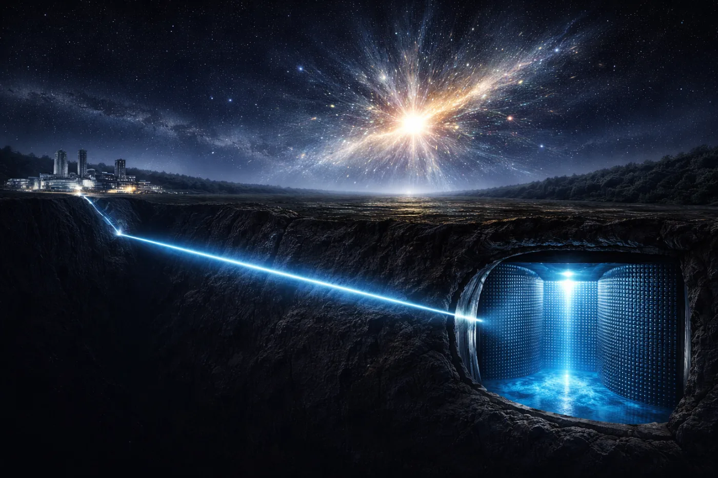This photorealistic visualization depicts a long-baseline neutrino experiment similar to the NOvA project, where a particle accelerator generates a beam of neutrinos that travels hundreds of kilometers underground to a massive detector chamber. These experiments allow physicists to study neutrino oscillations and investigate the fundamental mystery of matter–antimatter asymmetry in the universe.