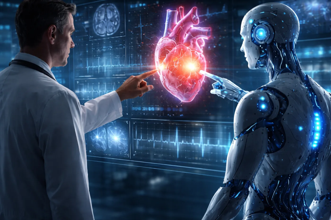 A physician and an advanced AI system collaboratively analyze a holographic heart model with real-time ECG, MRI data, and neural network visualizations in a futuristic hospital environment, highlighting the growing role of artificial intelligence in precision medicine and clinical decision-making.