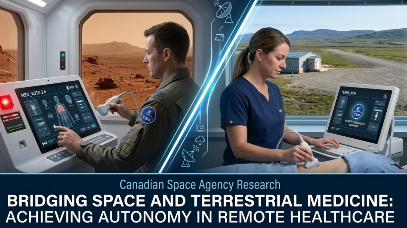 A cinematic split-composition scene showing an astronaut performing a portable medical ultrasound inside a spacecraft while a rural health worker conducts the same procedure in a remote Arctic clinic. A glowing digital data stream visually connects the two environments, illustrating how space medicine innovations and portable diagnostic technology help improve healthcare access in extreme and remo