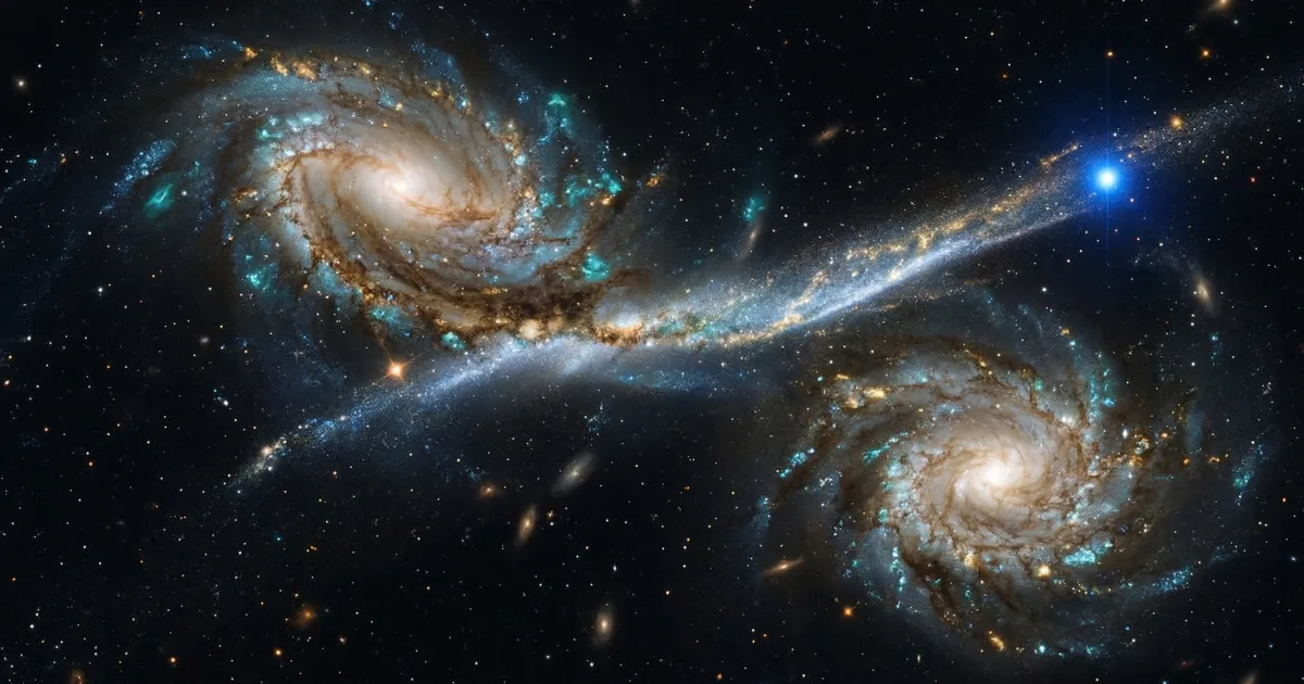 The Hubble Space Telescope's Wide Field Camera 3 (infrared, F160W filter) image of the short gamma-ray burst GRB 230906A field. Faint galaxy G* sits almost exactly at the 0.24-arcsecond X-ray position determined by Chandra's ACIS-S camera. The curved structure extending ≈180 kiloparsecs from the group's central galaxy G1 is a tidal tail — stellar debris from a galaxy merger roughly 700 million yea