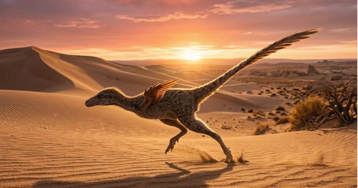 Artist's reconstruction of Alnashetri cerropoliciensis hunting through the ancient dunes of La Buitrera. The nearly complete skeleton — the first for this species — finally allowed researchers to lock it into the alvarezsauroid family tree with confidence. Image: illustrative reconstruction based on Makovicky et al., Nature, 2026.