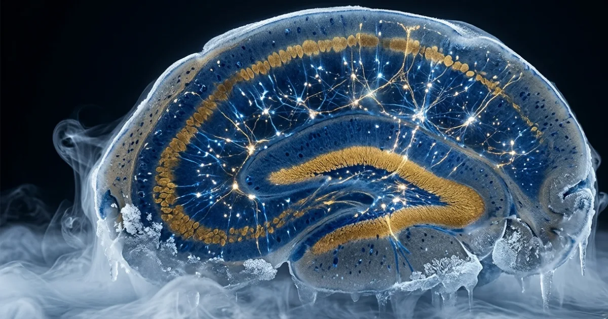 Ultrathin sections (50 nm) from vitrified mouse hippocampus show intact neuronal membranes, preserved synapses, and well-defined mitochondria after rewarming — indistinguishable from untreated controls at 10 hours post-recovery. Image representative of findings published in German et al., PNAS, 2026. Credit: Flügel-Koch et al., Friedrich-Alexander-Universität Erlangen-Nürnberg.