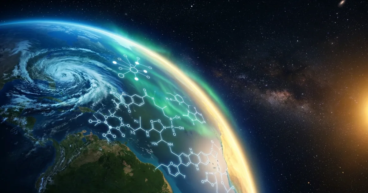 A conceptual illustration showing how molecular complexity networks can be mapped across a distant planet's atmosphere. Planets shaped by life produce deeply interconnected chemical structures that abiotic worlds simply cannot replicate. Image: AI-generated illustration for NavsoraTimes. Prompt: photorealistic exoplanet in deep space, glowing layered atmosphere in blue-green tones, translucent mol