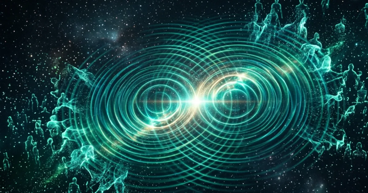 A conceptual rendering of a quantum wave function — the central mathematical object of quantum mechanics. Before measurement, it exists as a superposition of all possible outcomes. Wiltsche & Berghofer (2026) argue this structure mirrors the "horizonal" openness of human experience itself. Image: NavsoraTimes / generated for editorial use.
