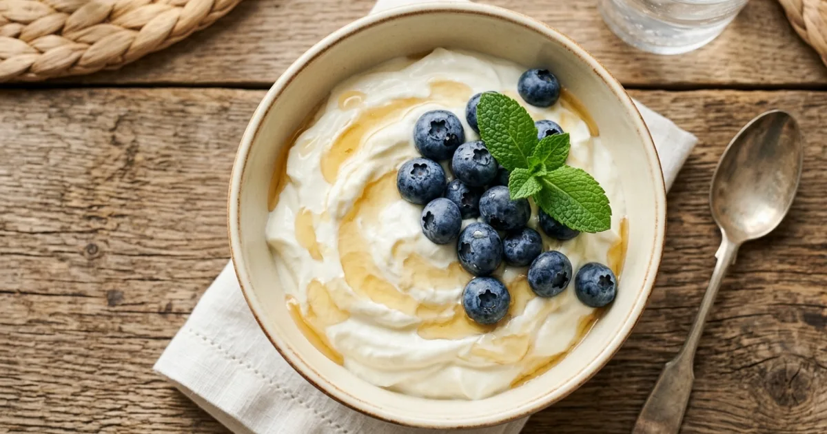 Image prompt: Warm flat-lay photograph of a bowl of thick plain yogurt topped with fresh blueberries, a light drizzle of honey, and a sprig of mint on a rustic wooden breakfast table. Soft natural morning light, shallow depth of field, clean health-and-wellness aesthetic, warm cream and blue tones. Aspect ratio 16:9, 1200x630px.