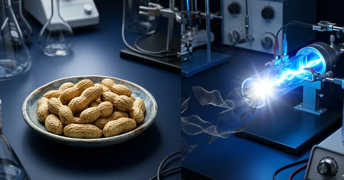 A quartz tube reactor used in the Flash Joule Heating process at the University of New South Wales. Peanut shell biomass is packed between graphite electrodes and subjected to electrical discharges that instantly reach temperatures above 3,000°C, converting organic matter into graphene in milliseconds. Image credit: De Cachinho Cordeiro et al., Chemical Engineering Journal Advances, 2026.
