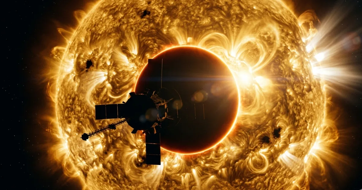 Parker Solar Probe dives through the Sun's outer atmosphere, or corona, at record-breaking proximity. The spacecraft's carbon-composite heat shield keeps instruments at room temperature while the surface facing the Sun endures temperatures above 1,400°C. 📷 Image credit: NASA / Johns Hopkins APL / Steve Gribben — nasa.gov/parker-solar-probe
