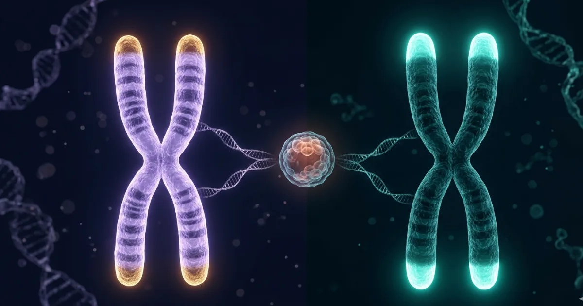 Telomere FISH imaging of adult gametes from F1 offspring of reciprocal mouse crosses showing that telomere length tracks the father's — not the mother's — regardless of shared genotype. The result rules out both direct DNA inheritance and polygenic models, pointing to a parent-of-origin epigenetic mechanism active in the first embryonic cell divisions. Image concept based on data from Jeon, Levine