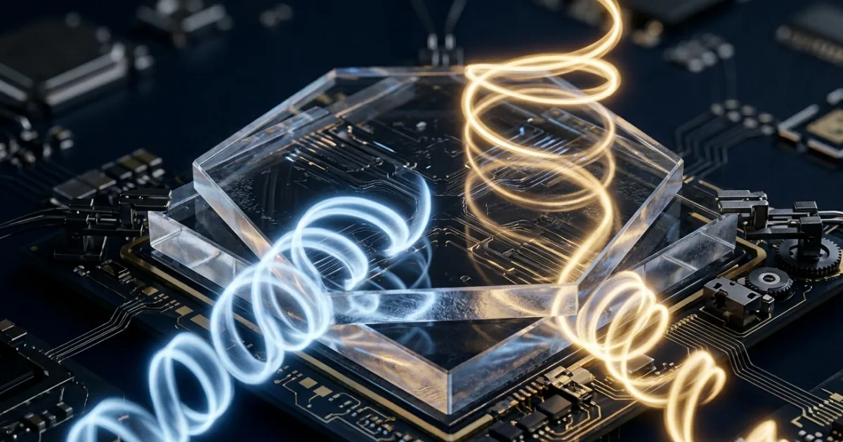 A schematic of the MEMS-integrated twisted bilayer photonic crystal device, illuminated by both right-handed and left-handed circularly polarized light beams. The two silicon nitride crystal layers — each smaller than a pinhead — can be rotated relative to each other and moved closer together or apart, giving researchers precise, real-time control over how the chip responds to each type of light.