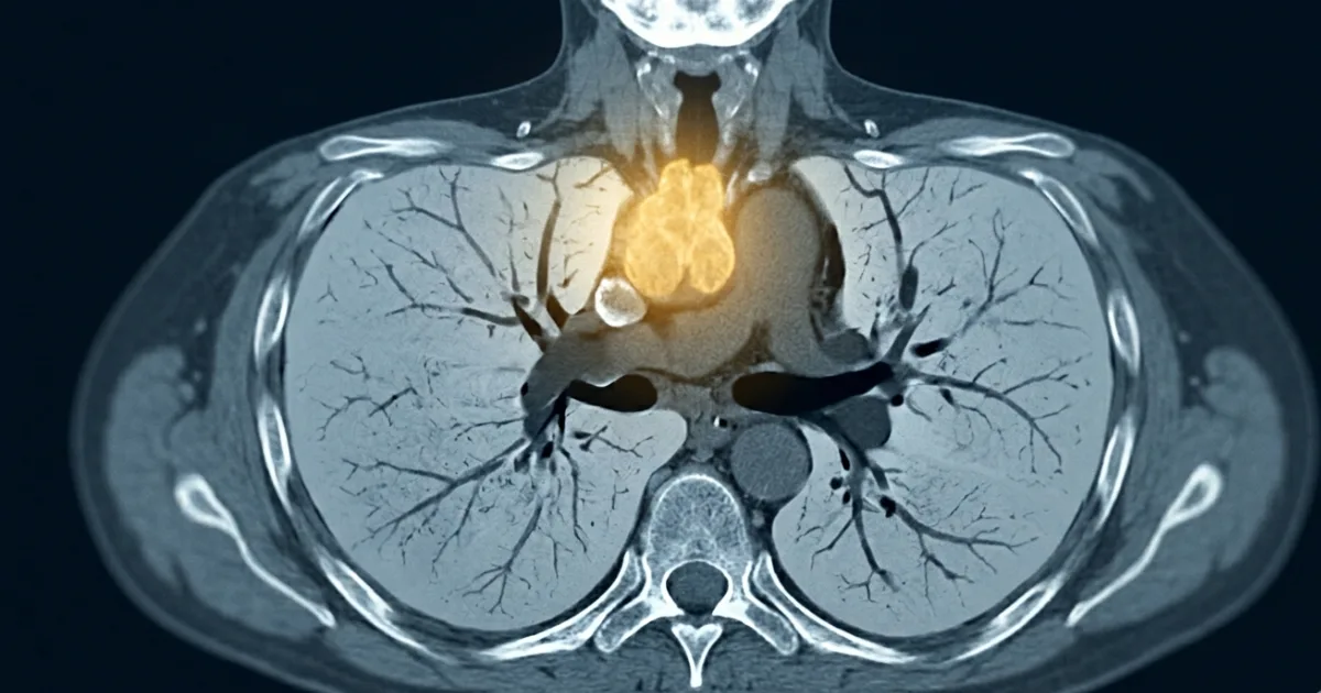 Three representative CT scans showing high, average, and low thymic health — scored by the deep learning model developed at Harvard's Mass General Brigham AI in Medicine Program. The thymic bed region is outlined in orange. The gap in 12-year mortality between the high and low groups was roughly twofold. Image courtesy of Bernatz, Prudente, Pai et al., Nature, 2026.