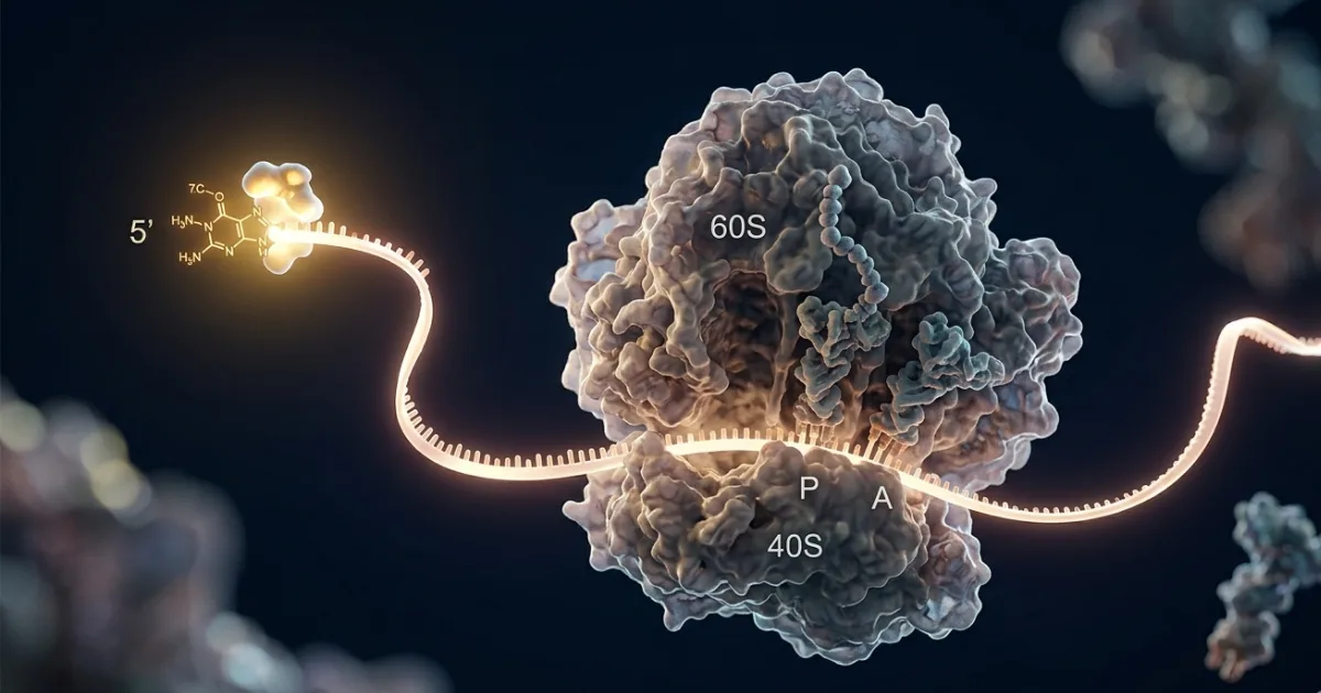 A schematic representation of the translation initiation complex assembling at the 5′ cap of a messenger RNA. The protein eIF4E (shown in gold) must bind the cap for ribosomes to load and begin reading. New research from the University of Colorado School of Medicine shows that nonoptimal codons elsewhere in the gene reduce this binding, throttling protein output before the ribosome even starts. Im