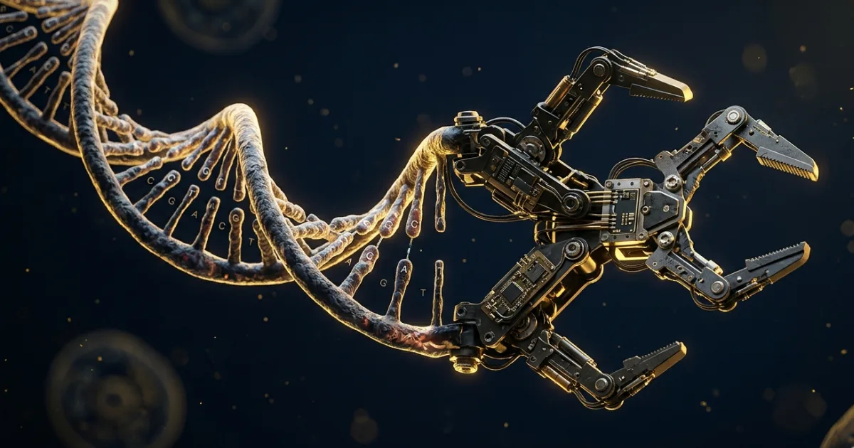 An artist's depiction of a DNA nanogripper — a machine assembled entirely from folded DNA strands — poised to capture a viral particle. Structures like this have been experimentally validated at Peking University and tested against SARS-CoV-2 in human saliva. Image concept based on figures published in SmartBot, Wiley, 2026.