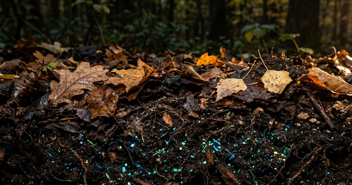 Microplastic concentrations were measured across five distinct soil horizons — from fresh leaf litter at the surface down to deep mineral layers — at four forest sites in Hesse, Germany. The study found the deepest mineral horizon held the highest total particle stocks, suggesting decades of gradual downward accumulation driven by leaf decomposition. Image credit: NavsoraTimes / Midjourney.