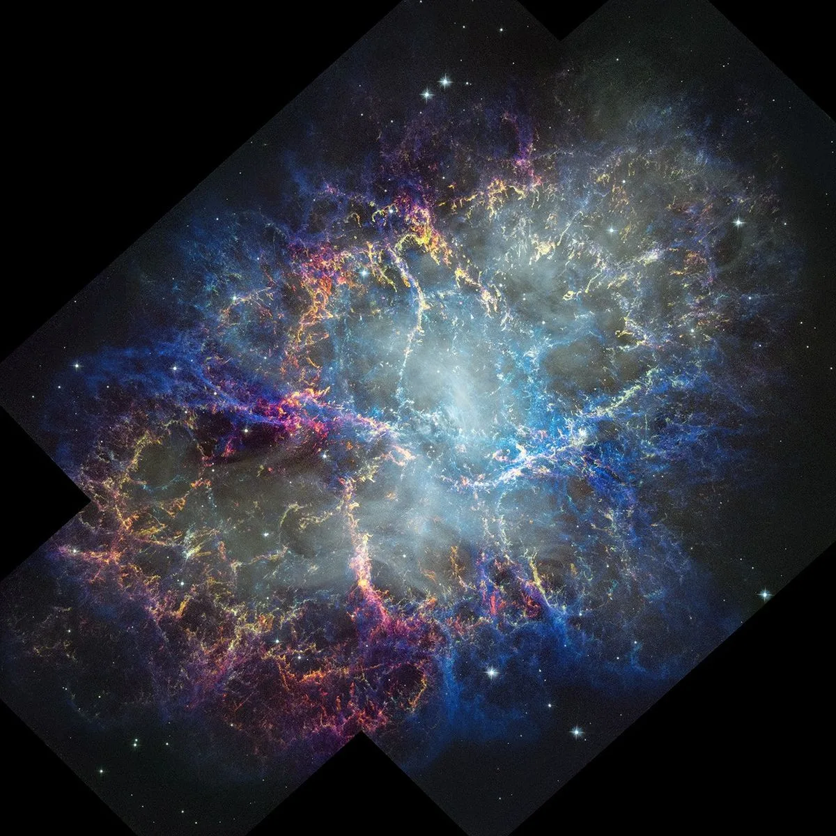 The Crab Nebula as imaged by Hubble's Wide Field Camera 3 in 2024. Yellow, magenta, and blue filaments — superheated gas flung outward by a pulsar at the nebula's core — have measurably shifted position compared to images taken a quarter century ago. Located 6,500 light-years from Earth in Taurus, this is the remnant of a stellar explosion observed by Chinese astronomers in 1054 AD. Credit: NASA, 