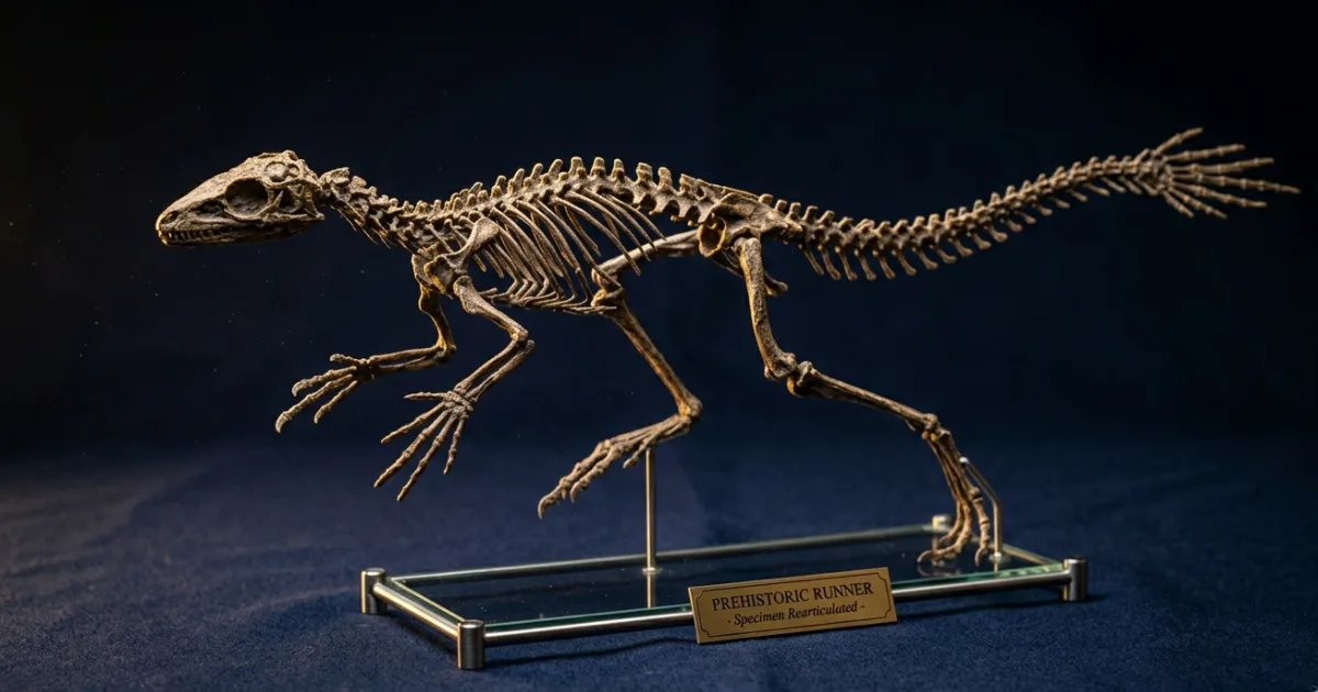 Artist's reconstruction of Galahadosuchus jonesi, the newly named crocodylomorph from the Late Triassic fissure deposits of Cromhall Quarry, southwest England. The animal is depicted in an upright, cursorial stance consistent with anatomical evidence from the fossil. Artwork by M. Dempsey; published in The Anatomical Record, 2026.