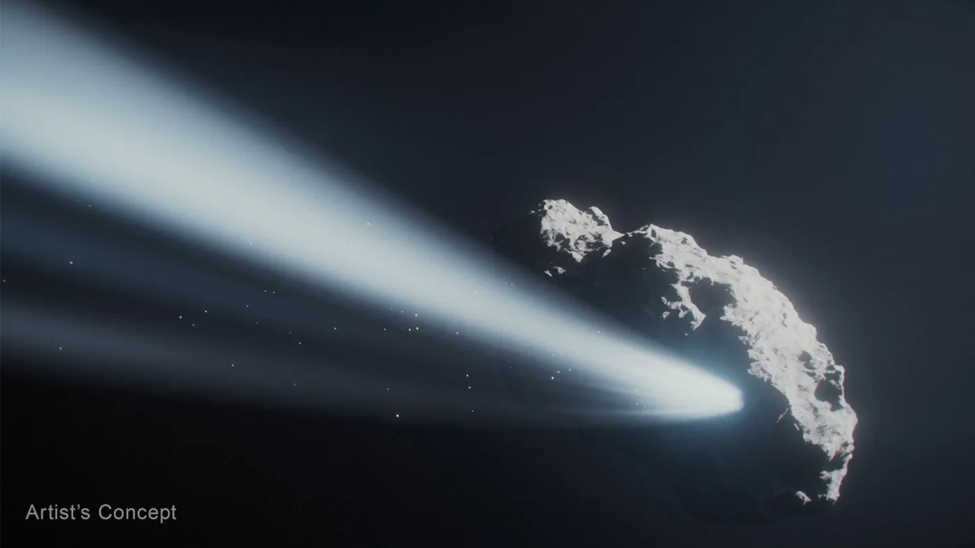This illustration shows comet 41P as sunlight vaporizes frozen gases from its surface, sending jets of material streaming into space. Those jets — acting like tiny thrusters — are responsible for the comet's remarkable and never-before-seen spin reversal. Credit: NASA, ESA, CSA, Ralf Crawford (STScI).