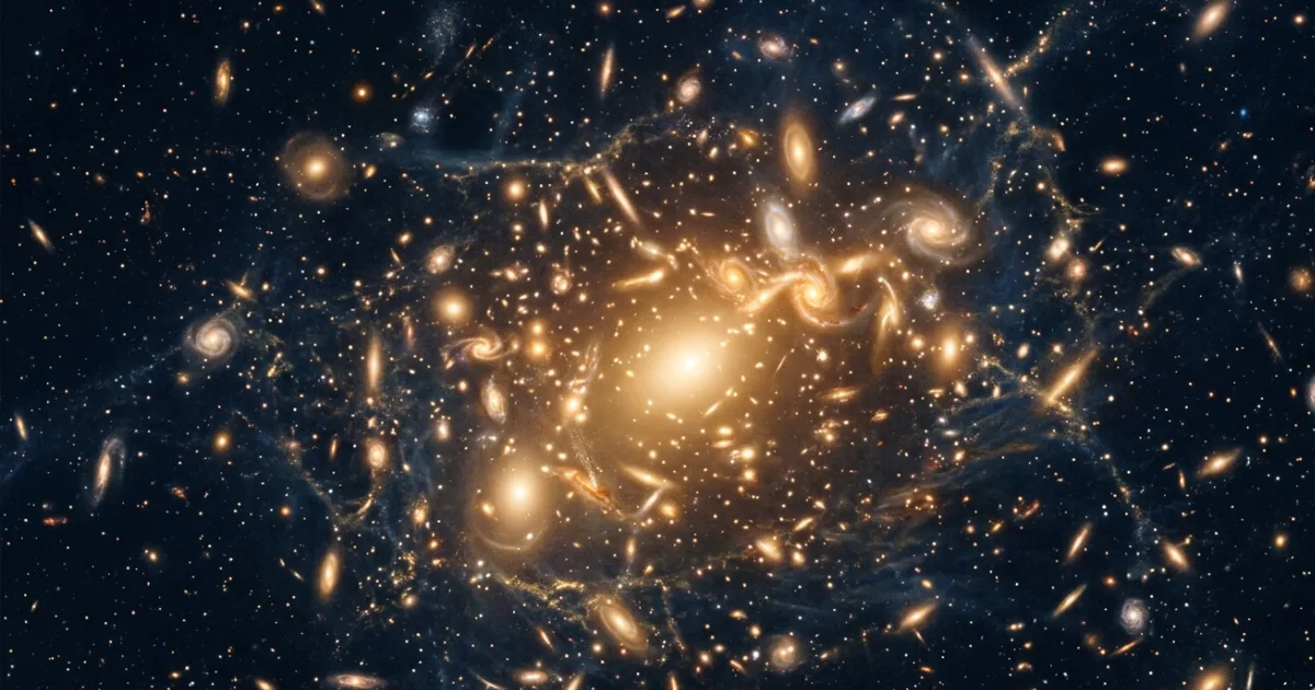 A conceptual render illustrating the scale of the NewCluster simulation: hundreds of galaxies — from giants to dwarfs — embedded in a web of gas filaments and dark matter, all orbiting a single cluster core. The target halo will ultimately weigh about 500 trillion solar masses, placing it in the same class as the Virgo Cluster, our closest large neighbor in the cosmic web. Image: NavsoraTimes / AI