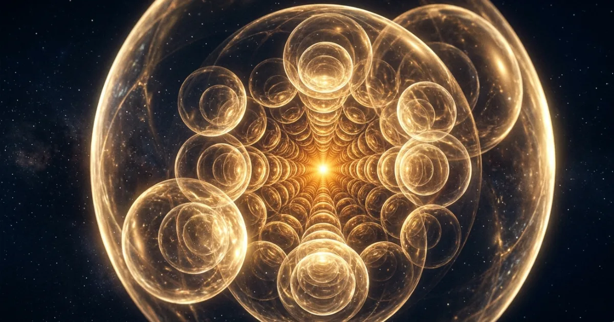 A visual representation of Geneste's proposed universe architecture, where each apparent scale of reality — from atoms to galaxies — is itself an infinitesimal particle within a larger frame. The model suggests no true empty space exists anywhere in this nested structure. Illustration concept: NavsoraTimes Editorial / DALL·E.