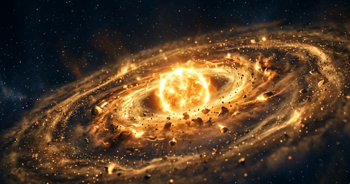 A visualization of the dusty disk of material surrounding the young Sun, where rocky planets were assembling from colliding debris. New research from ETH Zürich shows Earth drew exclusively from this inner-disk reservoir throughout its entire formation. Image: NASA/JPL-Caltech (illustrative).