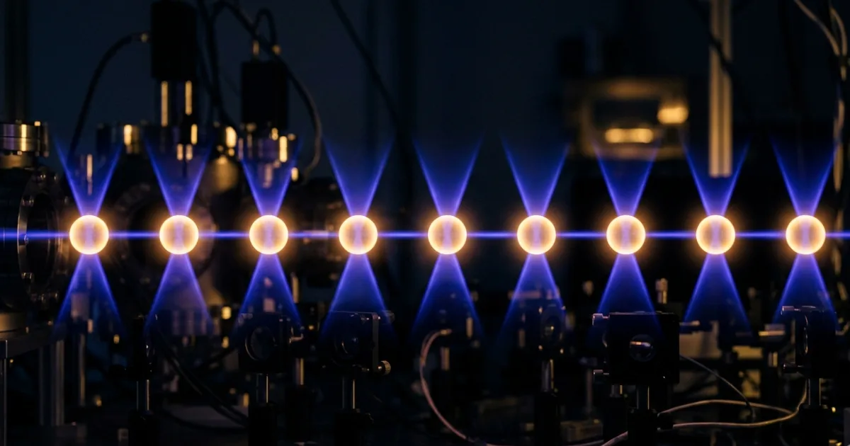 Each bright dot is a single atom, held in place by an invisible laser trap called an optical tweezer. The atoms are blown up to a giant "Rydberg" state, making them super sensitive to electric fields. Credit: Sun et al. / Frontiers of Optoelectronics (2026).
