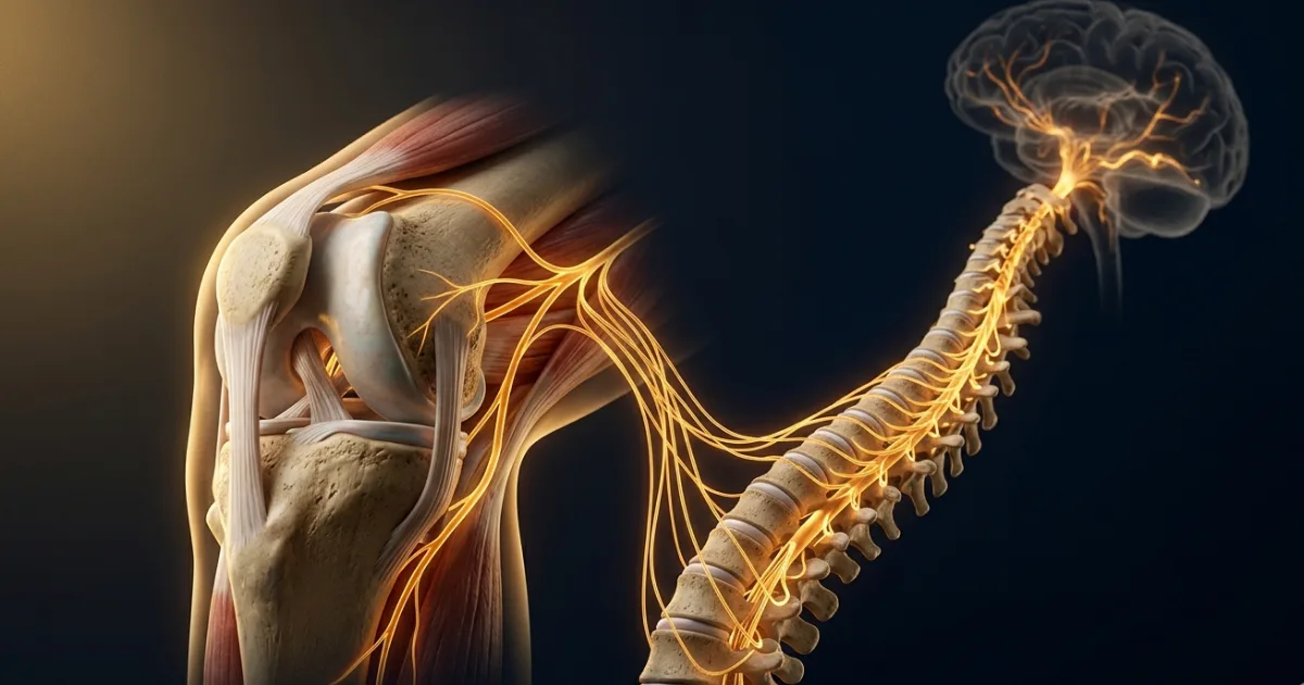 Diagram adapted from Zhang et al. (2013) illustrating the multi-level cascade of osteoarthritis pain — from inflamed synovial tissue in the knee joint, through the dorsal root ganglia and spinal cord, to brainstem descending pathways and the nucleus accumbens. The research used rodent models to trace how a local joint disease becomes a whole-nervous-system problem. Image concept: NavsoraTimes / Un