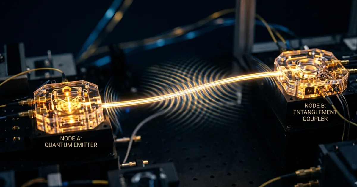 A bipartite giant superatom (GSA) consists of two interacting atoms where only one connects physically to the waveguide — at two spatially separated coupling points. The arrangement creates interference effects that can selectively silence or amplify the emission of specific entangled states. Illustration adapted from Du et al., Physical Review Letters, 2025. Image Credit AI Generated