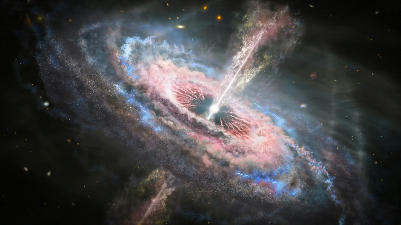 The bright center is the black hole shooting out new beams of energy. The faint, huge cloud surrounding it is leftover from an eruption that happened 260 million years ago. A long, kinked tail stretches to the bottom right — and its outer part is mysteriously "younger" than the inner part. Image Credit Unsplash (NASA Hubble Space Telescope)