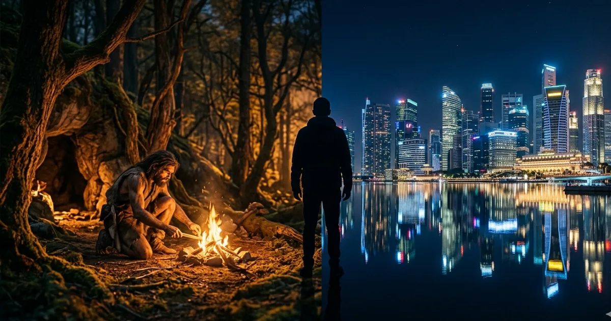 A single human silhouette stands between two eras — an ancient forest lit by firelight on the left, a modern city glowing across the water on the right. The scene captures the central argument of Ellis (2023): that humans have always reshaped the world around them, and the same civilisational force that created today's environmental crisis is the only one capable of resolving it. Image: AI-generat