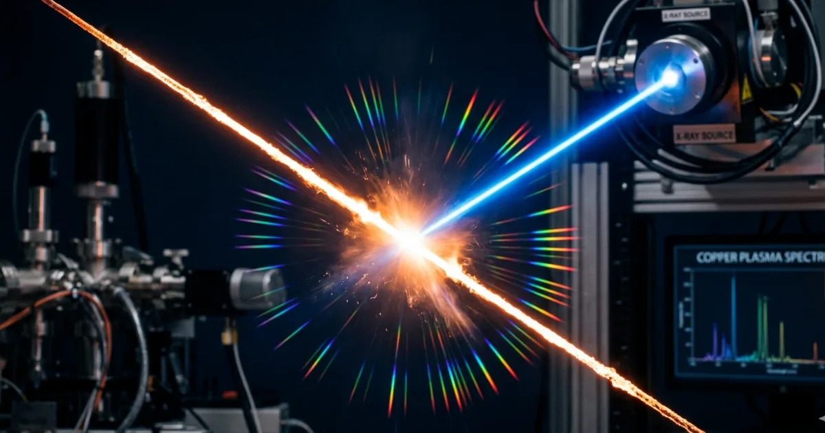 A schematic representation of the pump-probe experiment: a relativistic optical laser creates solid-density plasma from a copper wire, while the XFEL beam probes ionization and heating dynamics simultaneously in both emission and absorption modes. Image concept based on experimental data from Huang et al., Nature Communications, 2026.