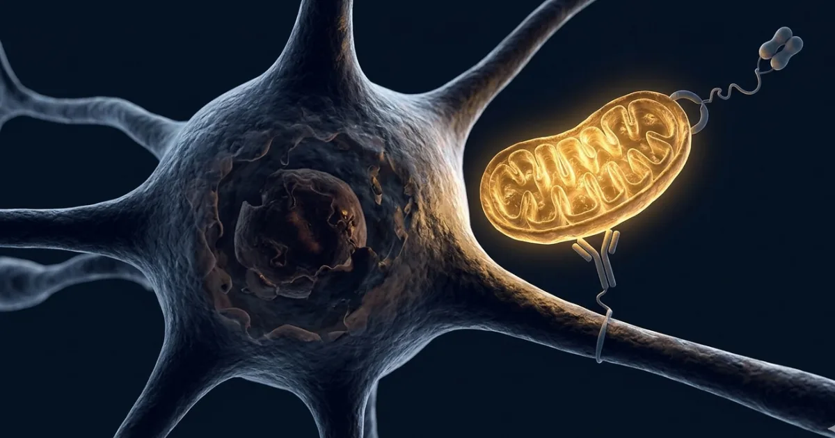 Donor mitochondria tagged with GFP (green) are visible inside an induced human neuron expressing the anti-GFP nanobody on its surface. The transplanted mitochondria move along neurites, fuse with native mitochondria, and remain detectable for days. Image courtesy of Ayupov et al., Nature, 2026.