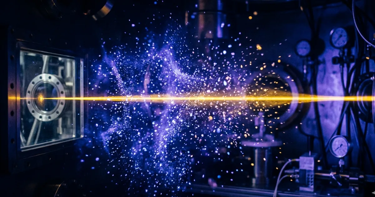 Tiny plastic particles suspended in an ionised gas chamber — the experimental setup used by Justin Burton's lab at Emory. The team used a moving laser sheet and a high-speed camera to reconstruct particle positions in three dimensions, generating the trajectory data that trained the AI model. Image: Emory University / NavsoraTimes composite.
