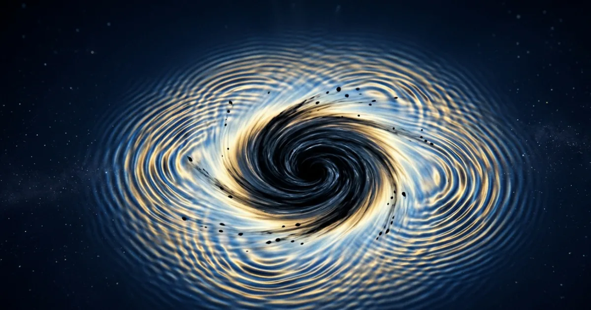 A conceptual illustration of a glowing pool dotted with blue and orange vortices, representing the dark singularity points tracked by Tomer Bucher and colleagues against the honeycomb atomic structure of the hBN material they studied. The team used an ultrafast transmission electron microscope to track dozens of these vortices simultaneously, frame by frame. (Image courtesy: T. Bucher and colleagu