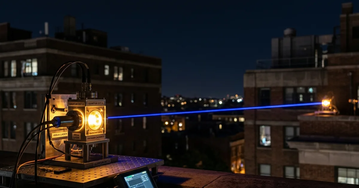 A visualisation of the 270-metre free-space optical link connecting two separate buildings at Sapienza University of Rome, where researchers successfully teleported a photon's quantum state between two independent semiconductor devices. The experiment used GPS-assisted synchronisation and ultra-fast single photon detectors to maintain coherence across open air. Image credit: Universität Paderborn 