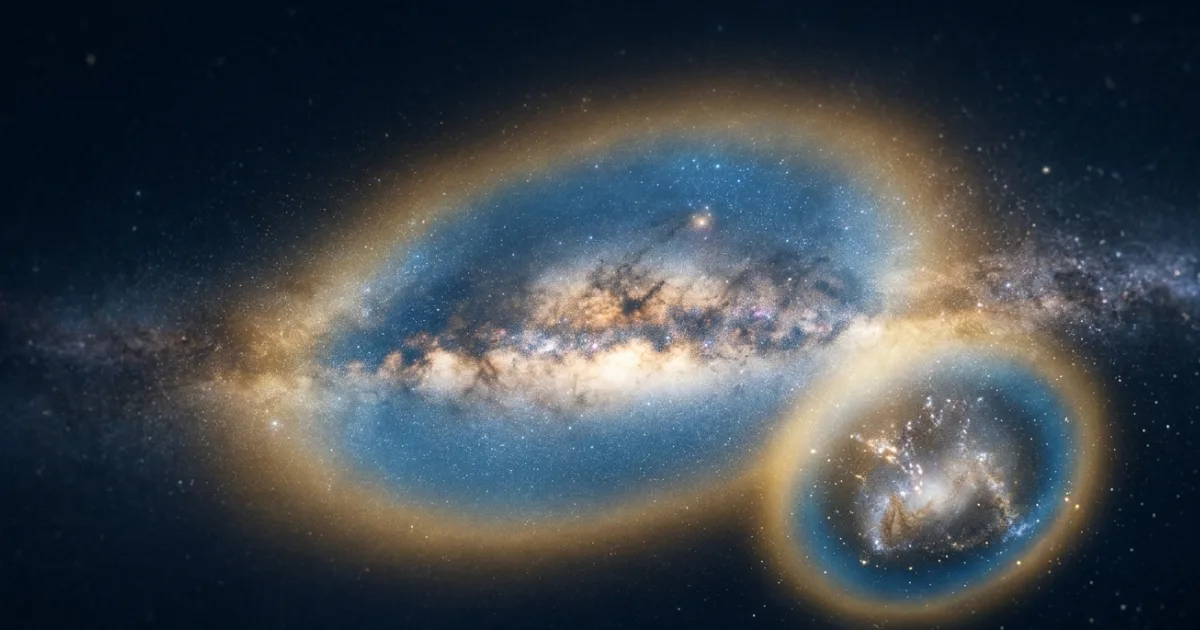 This NASA/ESA illustration shows the Large Magellanic Cloud and our Milky Way galaxy surrounded by their massive halos of warm, ionising gas — called coronas — which played a key role in the new research. The size and shape of the LMC's corona is now at the heart of the debate about how many times the two galaxies have met. Credit: NASA, ESA, Leah Hustak (STScI).