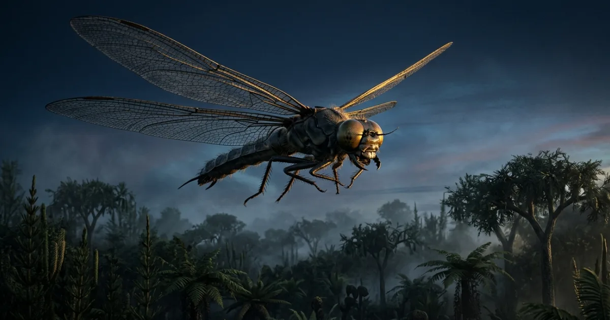 Artistic reconstruction of Meganeura monyi, a predatory insect from 300 million years ago. Its wingspan reached 70 centimetres — as wide as a seagull’s. This image shows the dark swamp forests where it once ruled. Credit: based on scientific illustrations, Heritage Images / Hulton Archive.
