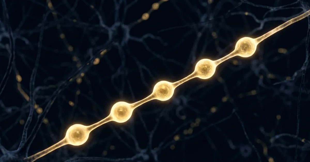 High-pressure freezing electron microscopy reveals the repeating pearl-like swellings — called nonsynaptic varicosities — along a mouse neuron axon, contradicting the smooth-tube model that biology textbooks have used for more than a century. Image courtesy Johns Hopkins University School of Medicine / Nature Neuroscience.