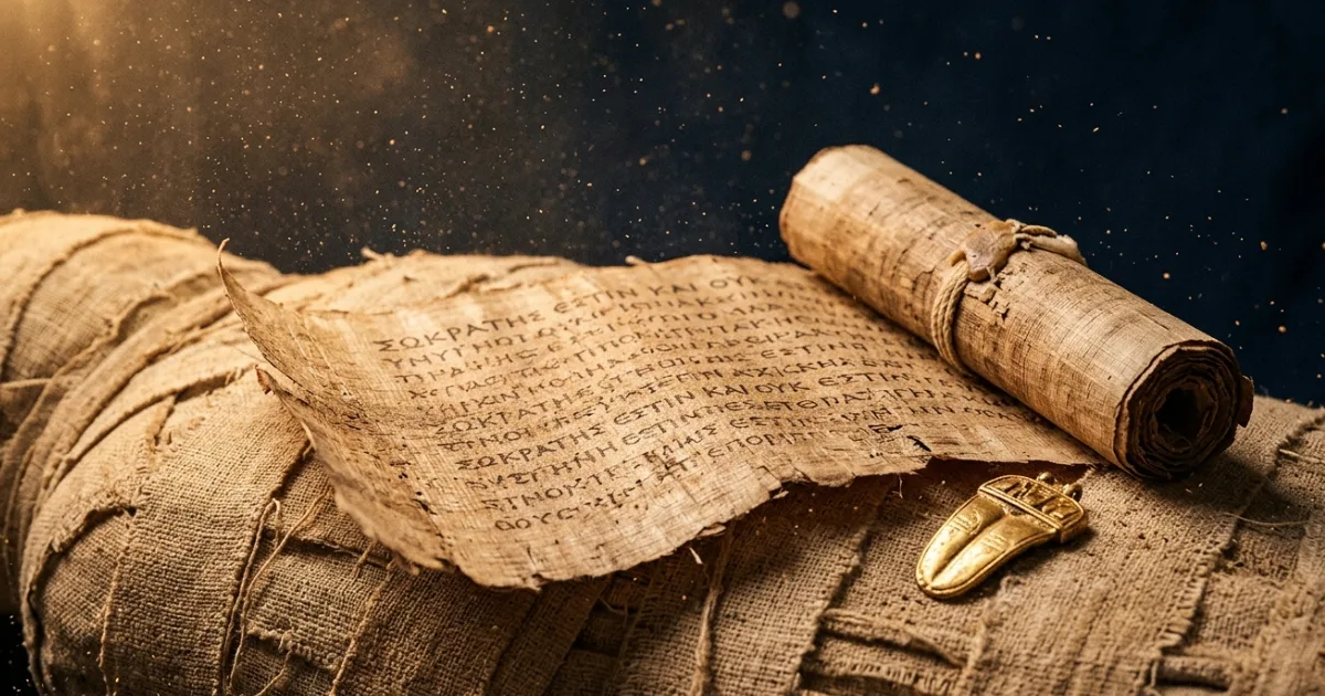 A papyrus fragment containing text from the Catalog of Ships in Book II of Homer's Iliad, found placed on the abdomen of a mummy in Tomb 65 at the Oxyrhynchus necropolis in Al Bahnasa, Egypt. This is the first known case of a Greek literary text being deliberately used in the mummification process. Credit: Egypt Ministry of Tourism and Antiquities / University of Barcelona.