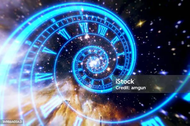 A digitally rendered spiral clock face unfurls against a deep-space nebula, visualising the concept of time as a dynamic, relativistic quantity — the central theme of quantum proper time research. As new physics reveals time behaving like a quantum variable, imagery like this captures the disorienting beauty of that idea. Credit: amgun / iStock — ID 1498640543. Used for illustrative purposes only.
