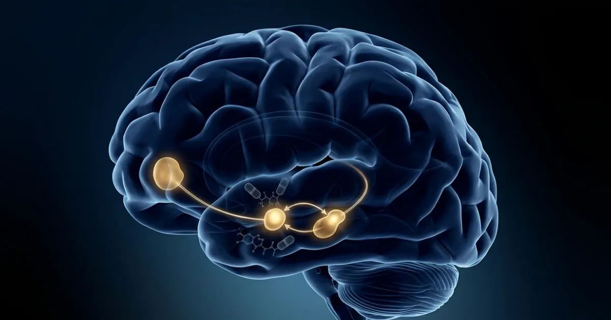 A conceptual visualisation of the three-node brain reward circuit identified by Godschall, Gungul, Sajonia et al. at the University of Virginia. When GLP-1 receptor agonists activate neurons in the central amygdala (CeA), they suppress dopamine output from the ventral tegmental area (VTA) to the nucleus accumbens (NAc) — blunting the "pleasure spike" that makes high-fat food irresistible. Image: N