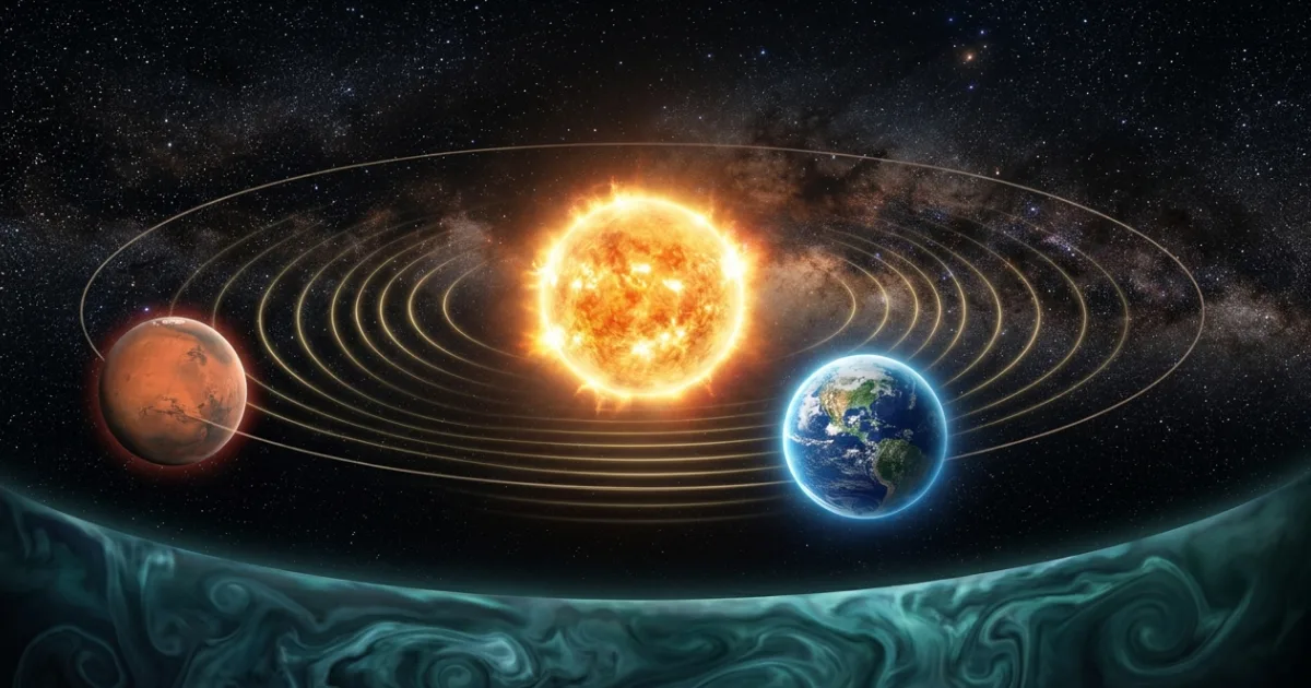 A conceptual visualisation of the gravitational interaction between Mars and Earth as they orbit the Sun. Over millions of years, this subtle planetary tug gradually shifts Earth's orbital shape, altering how much solar energy our planet receives. Image: Earth.com / Illustrative rendering.
